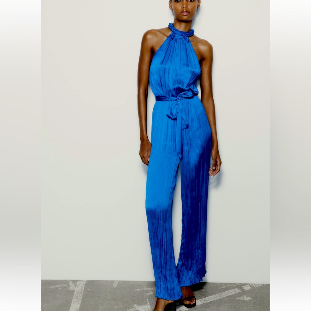 Blue Satin Halter Jumpsuit